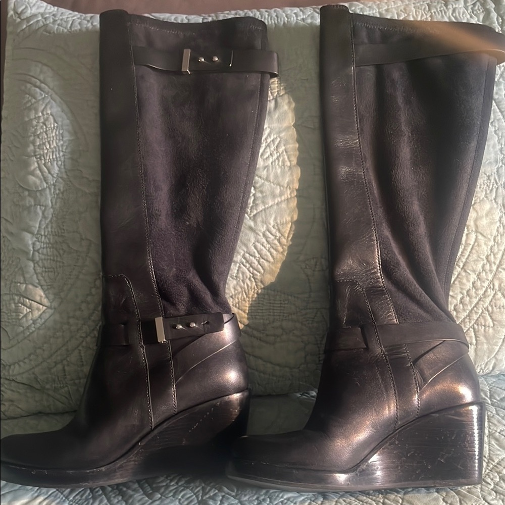 Cole Hann Elegant Black Leather Knee-High Wedge Boots size 7 1/2
